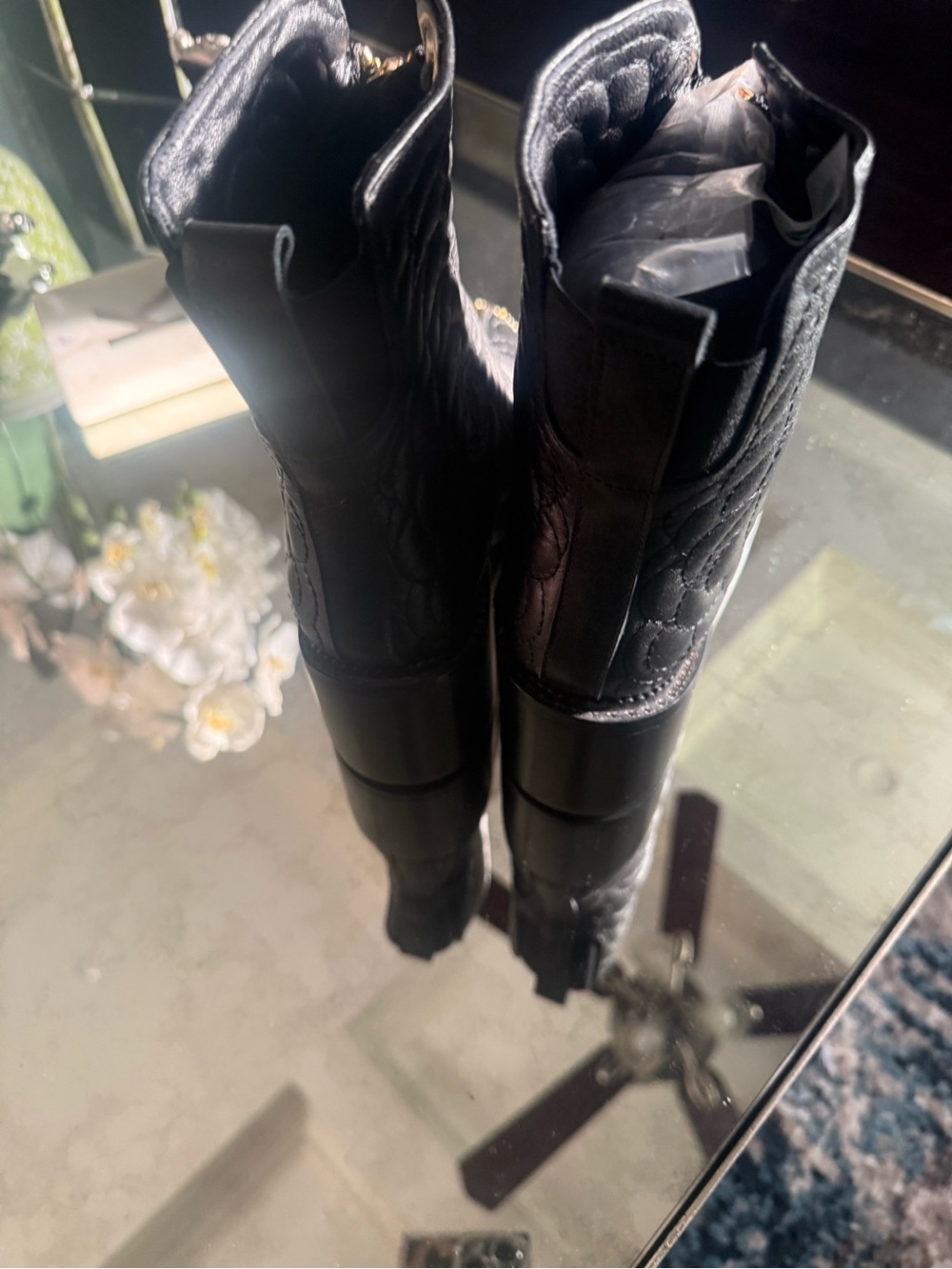 Black Quilted Leather Zip Boots with Gold Trim - Picture 5 of 5